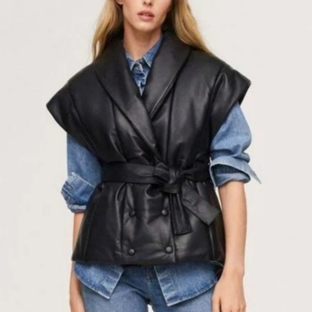 Jason Wu Women's Brown Vegan Leather Double Breasted Vest Jacket Lux